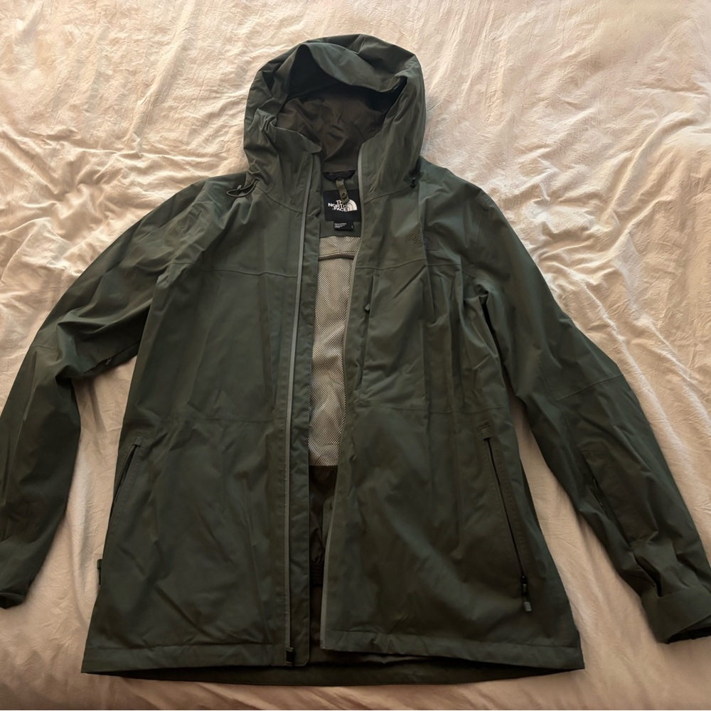 The North Face Olive Raincoat with Hood and Weather-Resistant Material